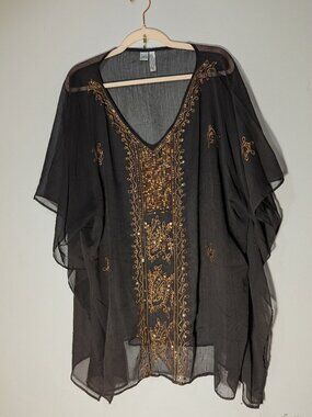 Cato Black Sheer Embroidered Beaded V-neck Kaftan Tunic Top One Size